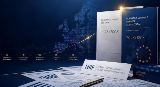 Del Reglamento 1126/2008 al 2023/1803: así ha evolucionado la normativa europea sobre NIIF hasta julio de 2025. Imagen de un libro de NIIF de 2023/1803