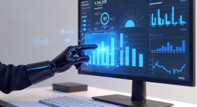 Inteligencia Artificial en auditoría: El fin del muestreo tradicional y la llegada del análisis predictivo. Imagen de un ordenador con gráficas señalada con una mano con guante como si fuera la ia